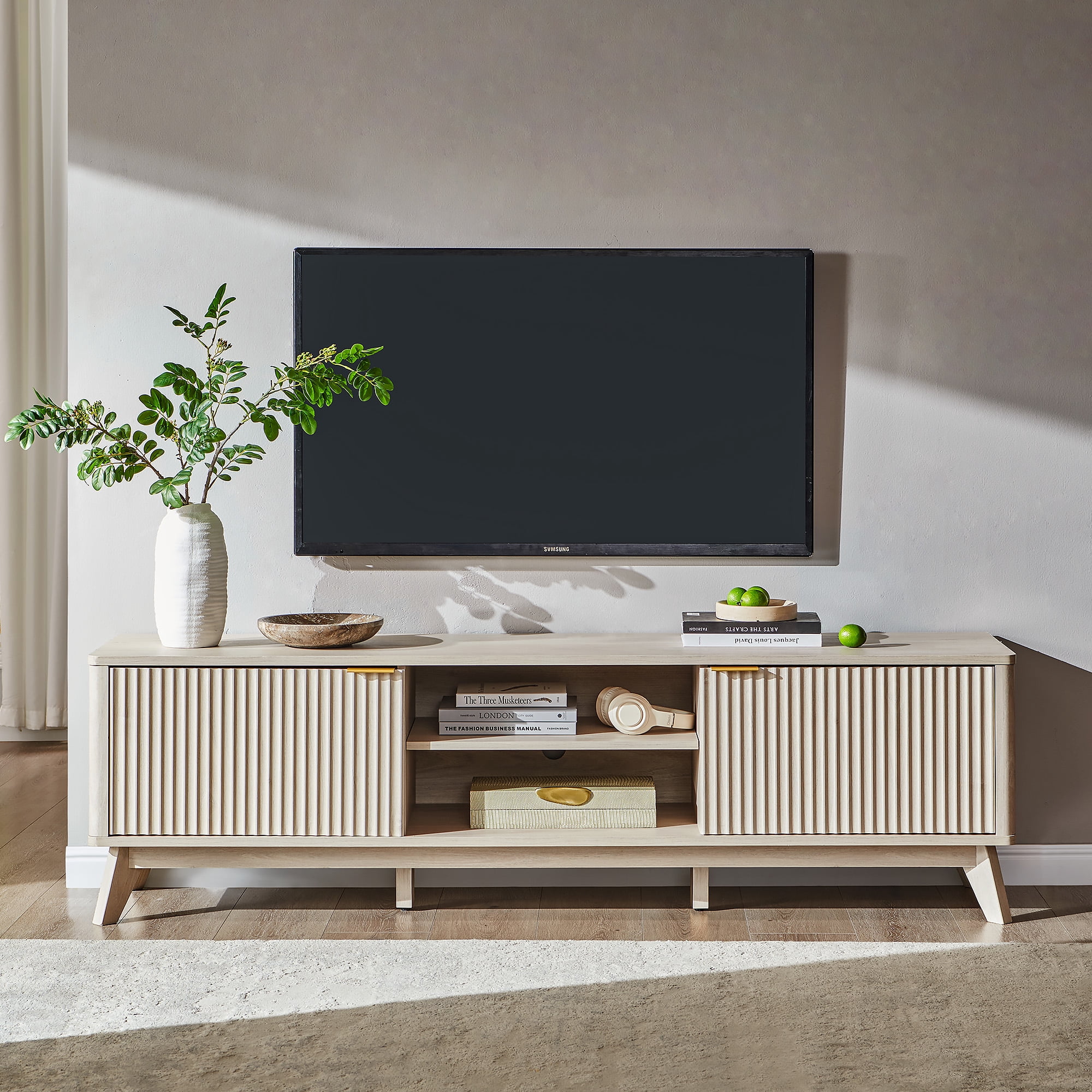 KeyWhat 70" TV Stand with 2 Soft Close Door, Modern Entertainment Center Console Table, Media Furniture for Living Room, Alder White