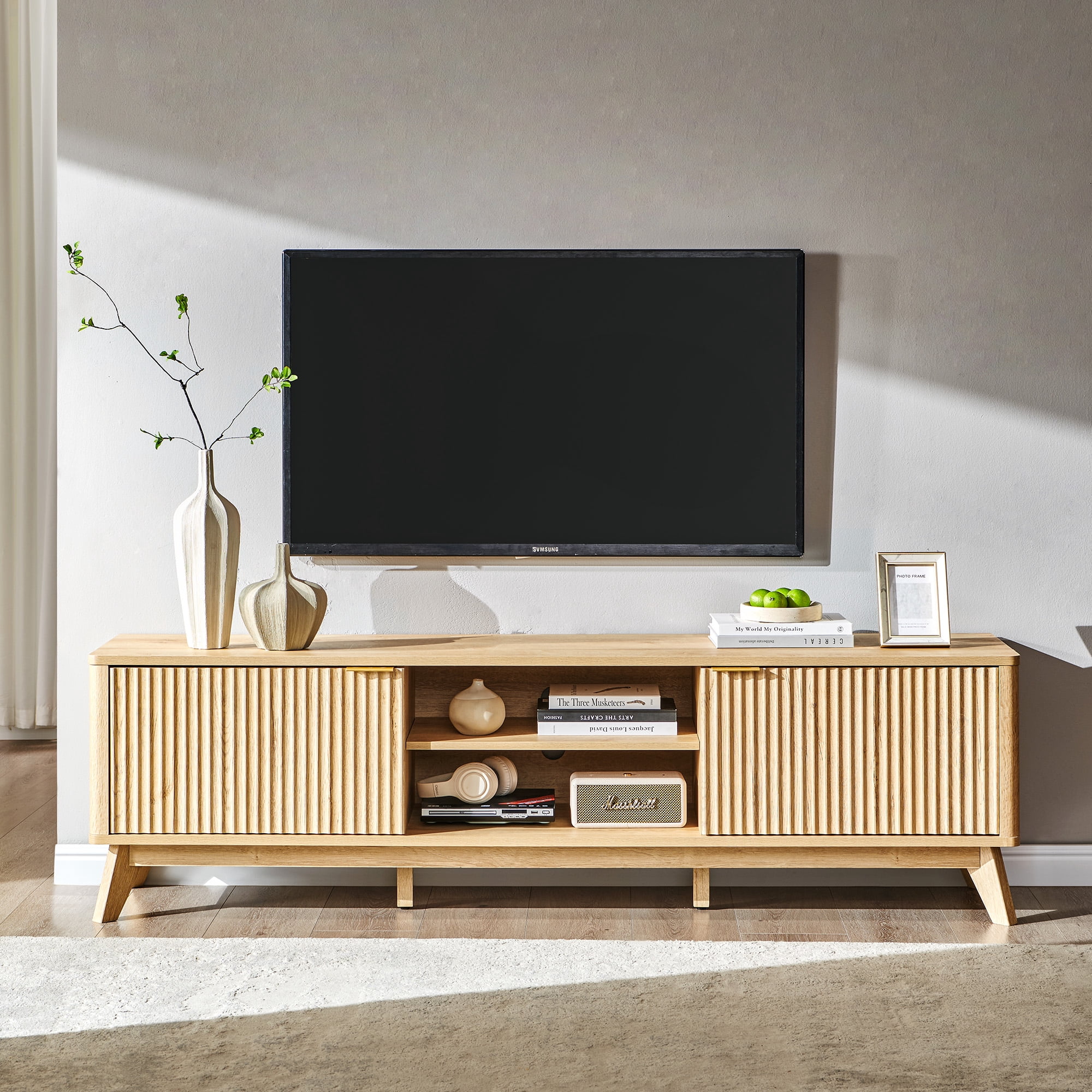 KeyWhat 70" TV Stand with 2 Soft Close Door, Modern Entertainment Center Console Table, Media Furniture for Living Room, Natural Oak