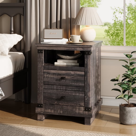 KeyWhat Farmhouse 18" Nightstand with Charging Station, Rustic Metal Wood End Table with Open Storage Shelf, Dark Rustic Oak