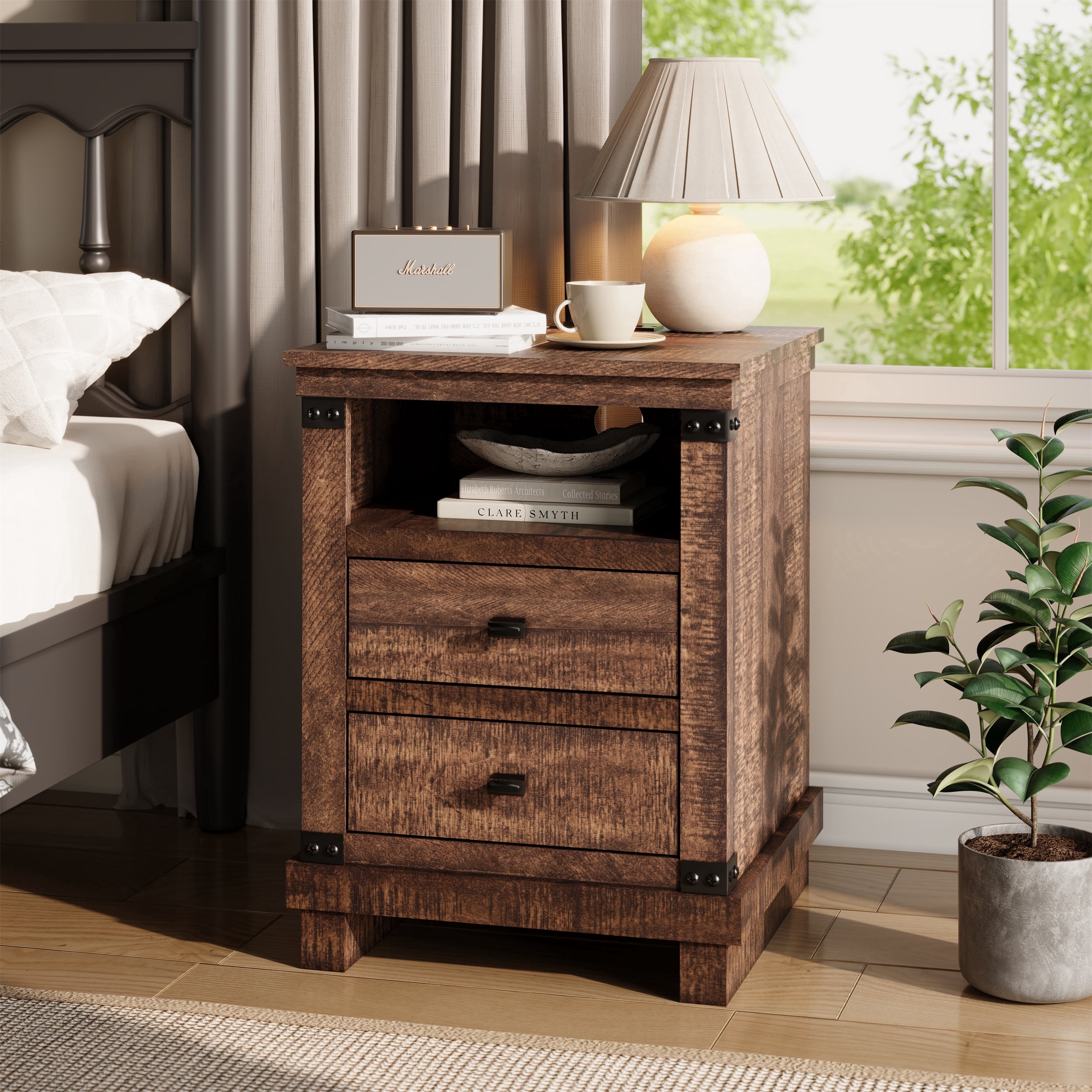 KeyWhat Farmhouse 18" Nightstand with Charging Station, Rustic Metal Wood End Table with Open Storage Shelf, Reclaimed Barnwood