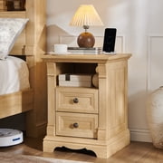 KeyWhat Farmhouse 2-Drawer Nightstand with Charging Station, 18" Wooden End Table for Bedroom, Living Room, Natural Oak