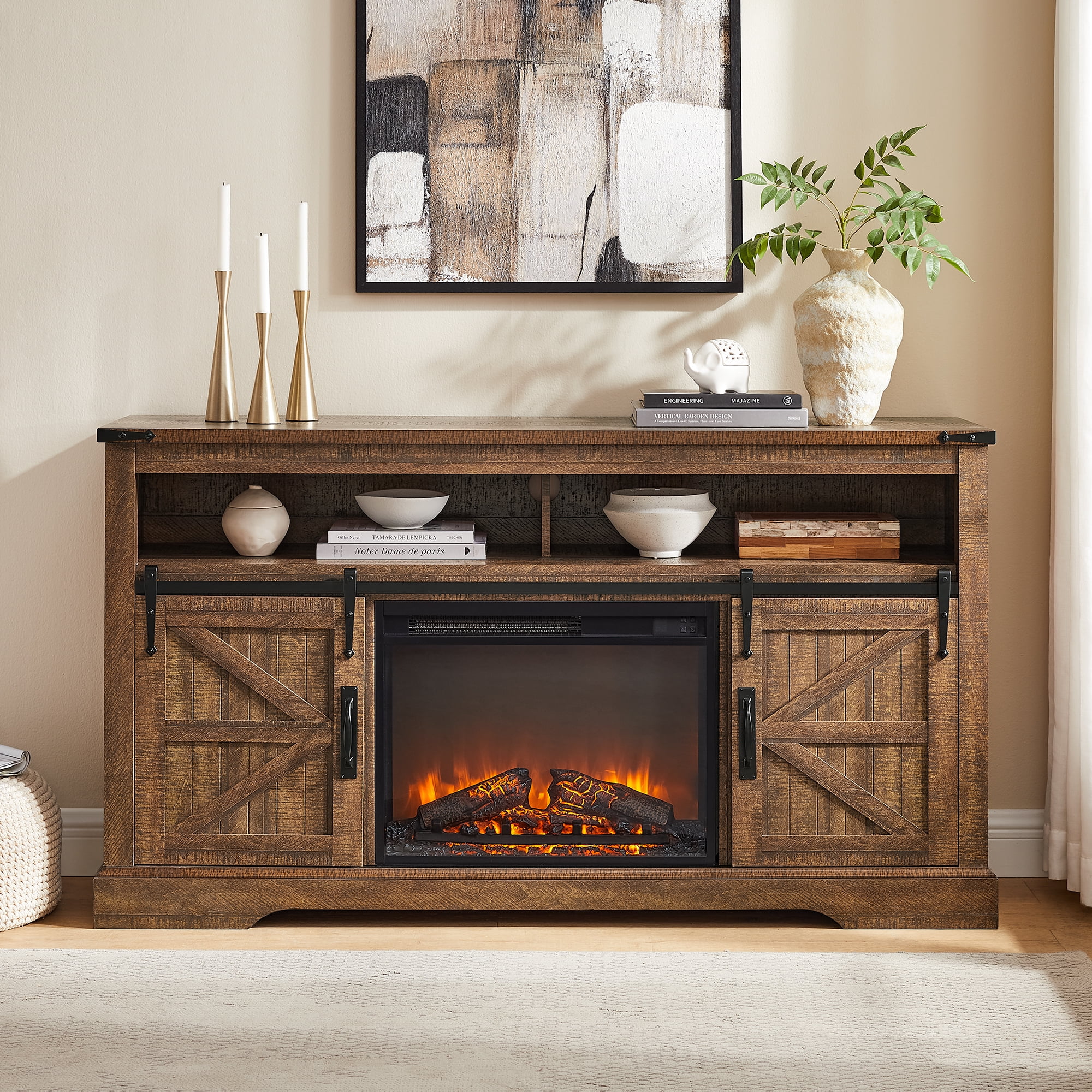 KeyWhat Farmhouse Fireplace TV Stand for TVs up to 70", 24" Electric Fireplace & Barn Door