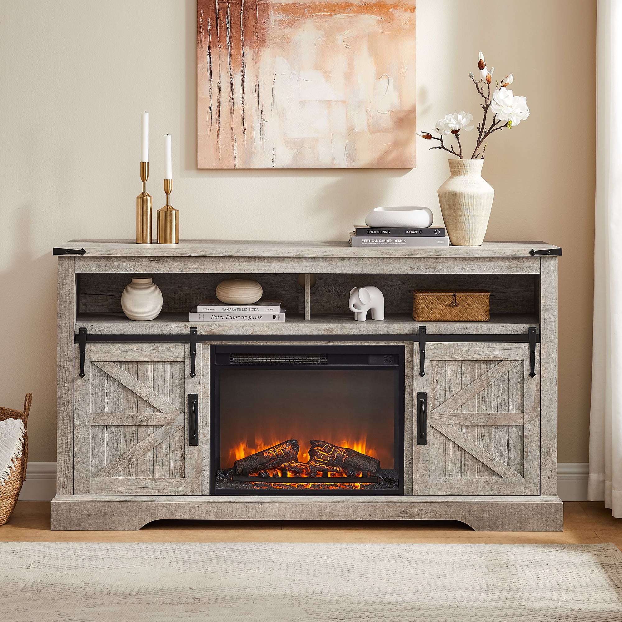 KeyWhat Farmhouse Fireplace TV Stand for TVs up to 70", 24" Electric Fireplace & Barn Door