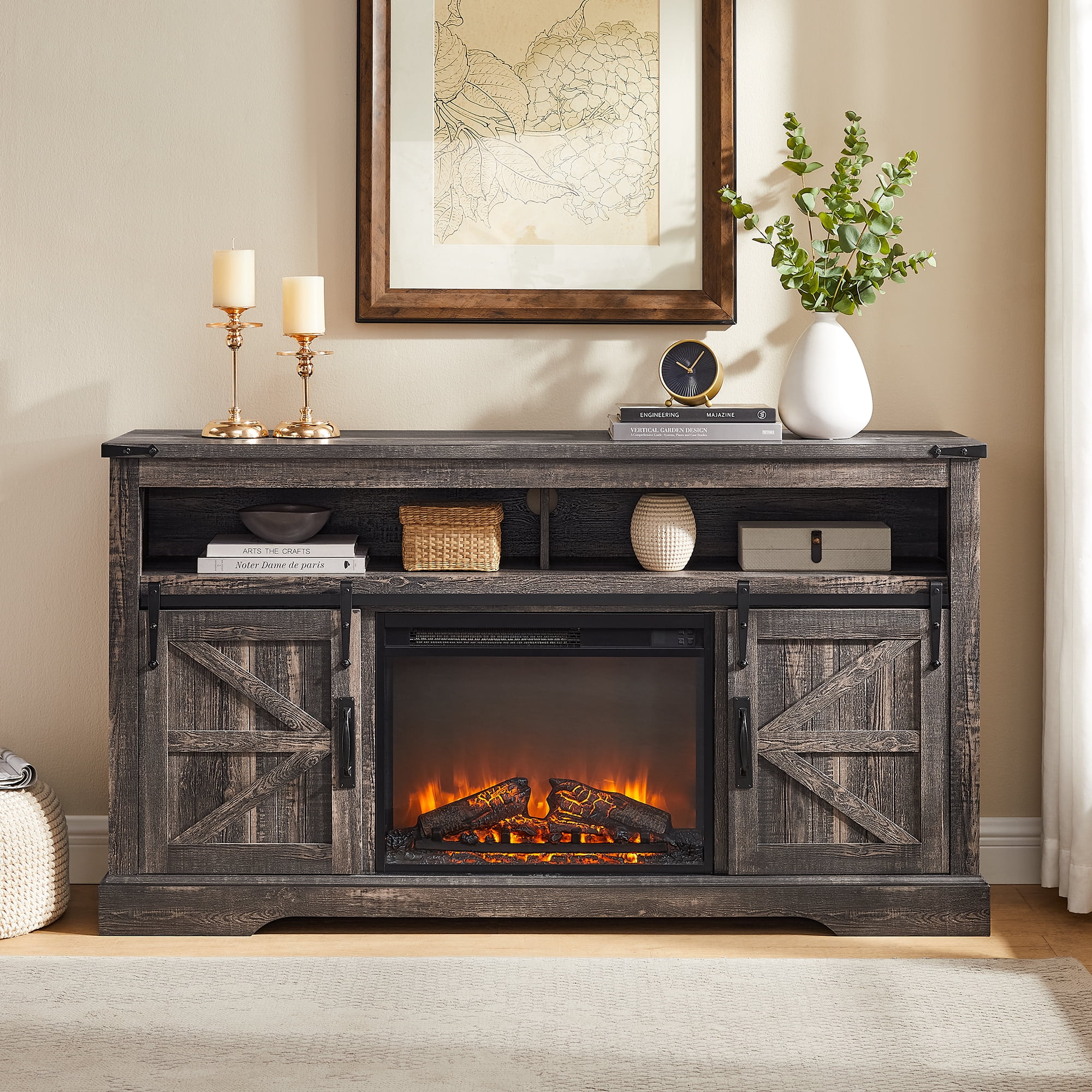 KeyWhat Farmhouse Fireplace TV Stand for TVs up to 70", 24" Electric Fireplace & Barn Door