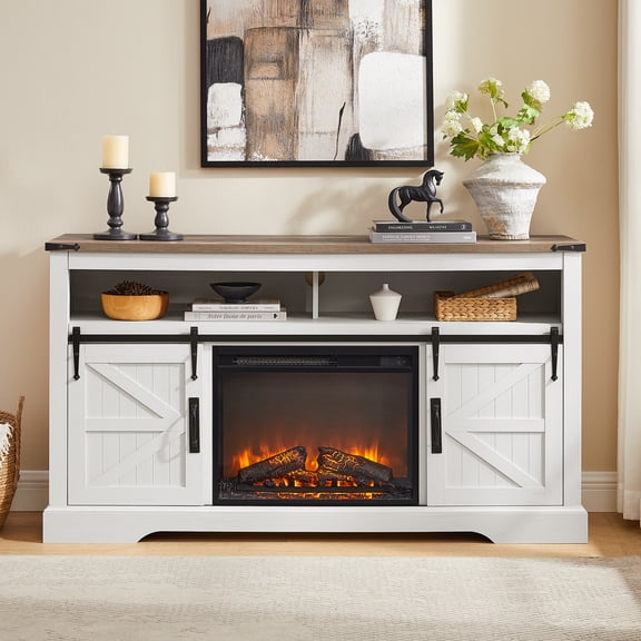 KeyWhat Farmhouse Fireplace TV Stand for TVs up to 70", 24" Electric Fireplace & Barn Door
