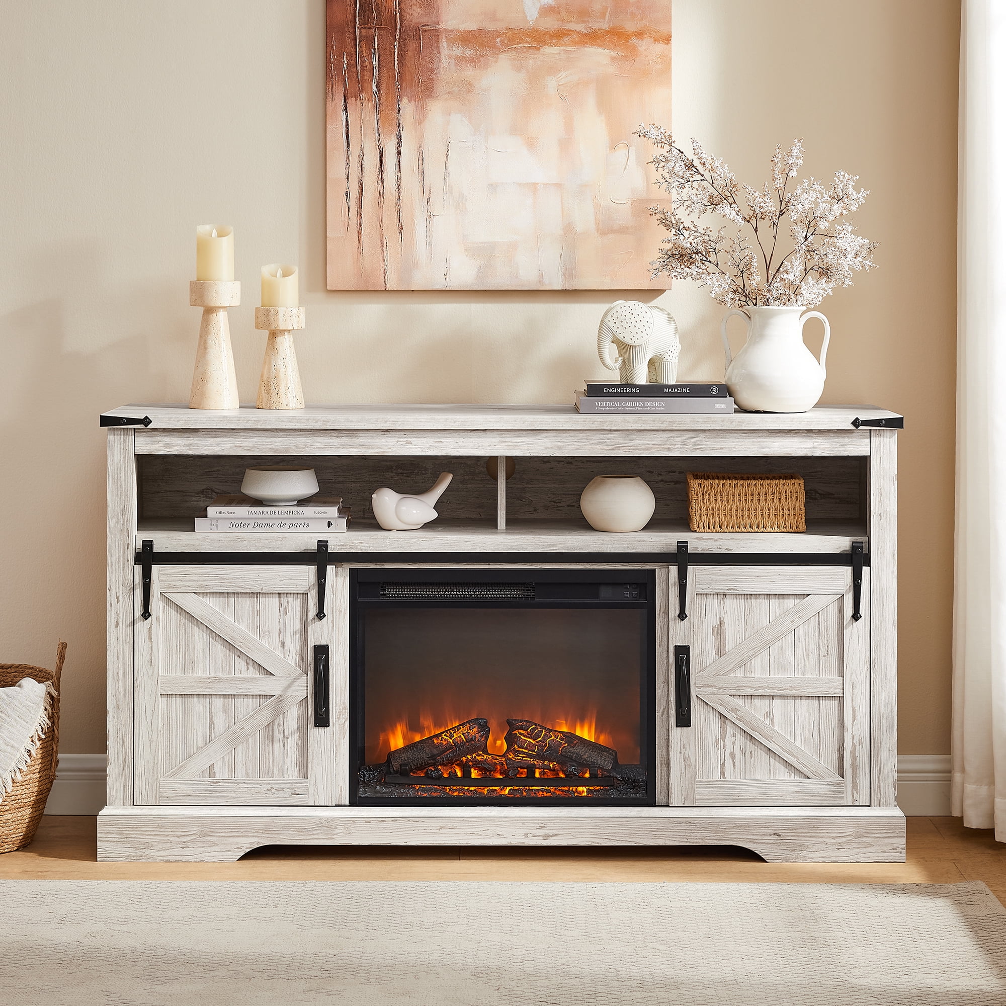 KeyWhat Farmhouse Fireplace TV Stand for TVs up to 70", 24" Electric Fireplace & Barn Door
