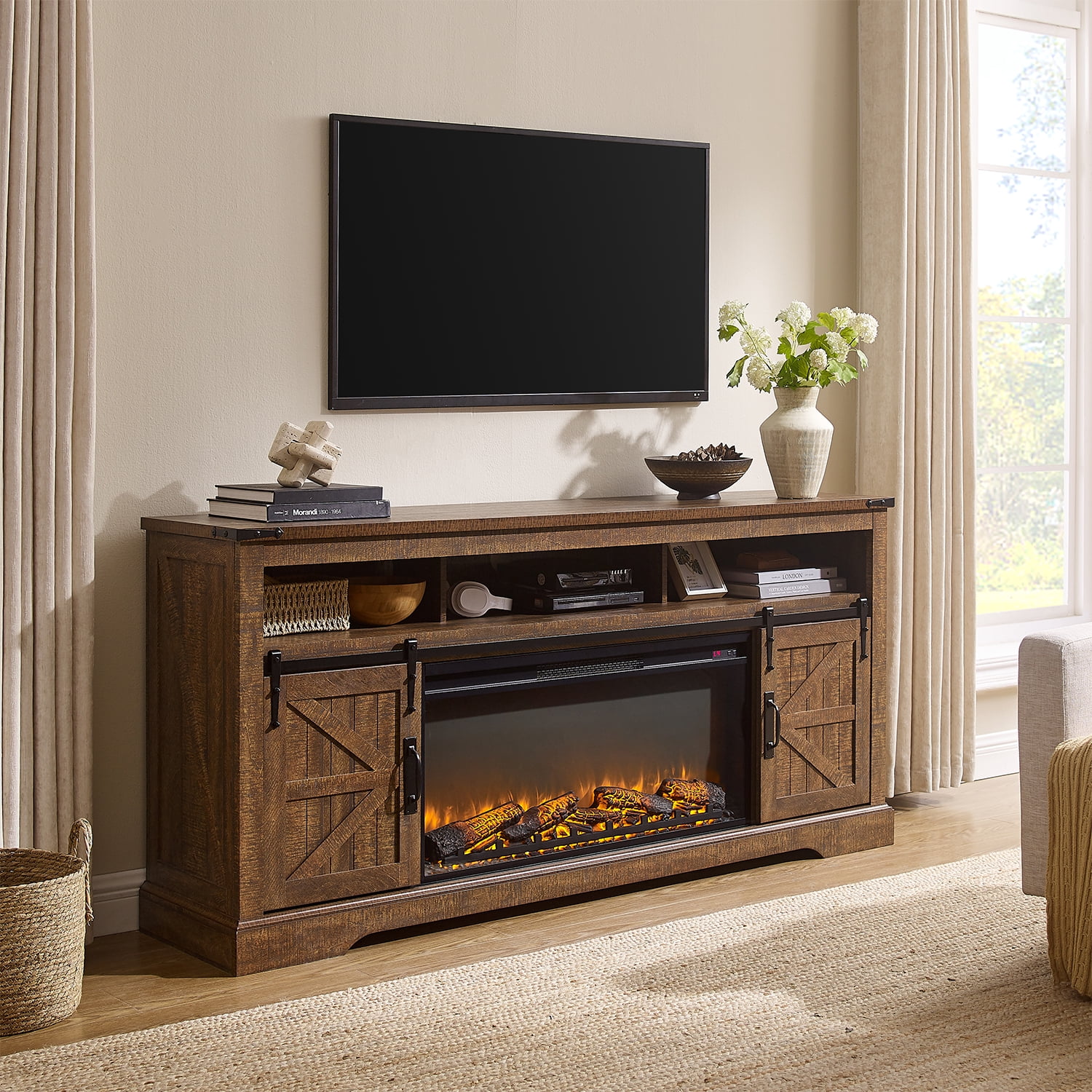 KeyWhat Farmhouse Fireplace TV Stand for TVs up to 80", 37" Electric Fireplace & Barn Door