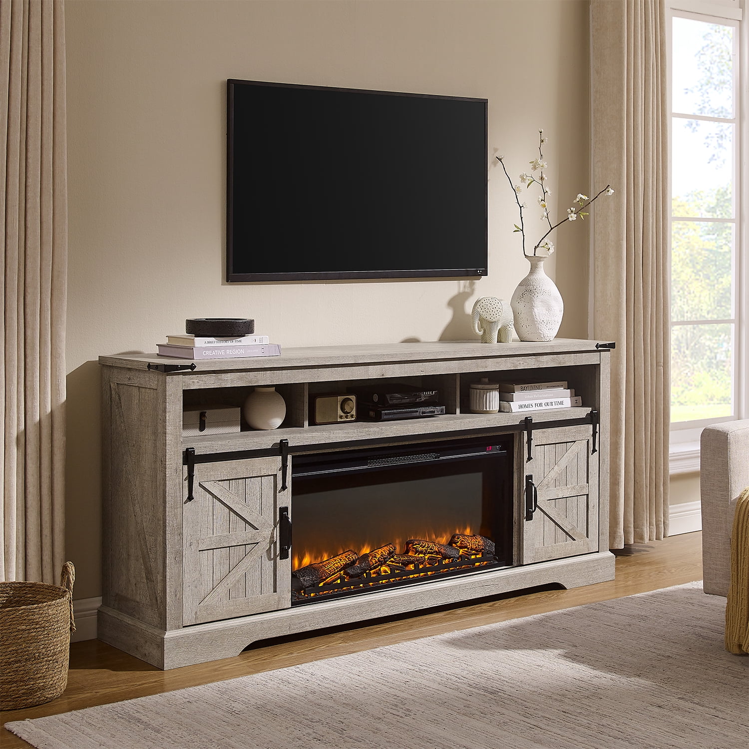 KeyWhat Farmhouse Fireplace TV Stand for TVs up to 80", 37" Electric Fireplace & Barn Door