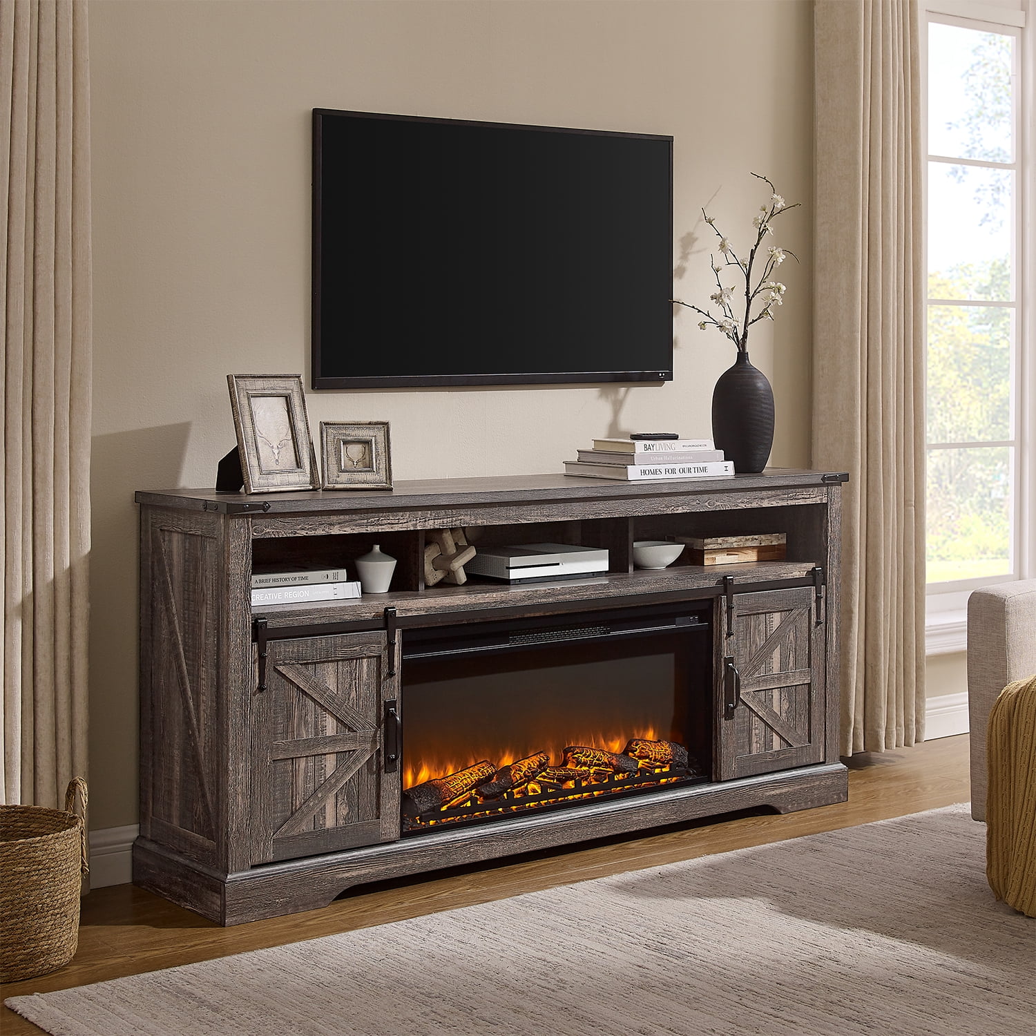 KeyWhat Farmhouse Fireplace TV Stand for TVs up to 80", 37" Electric Fireplace & Barn Door