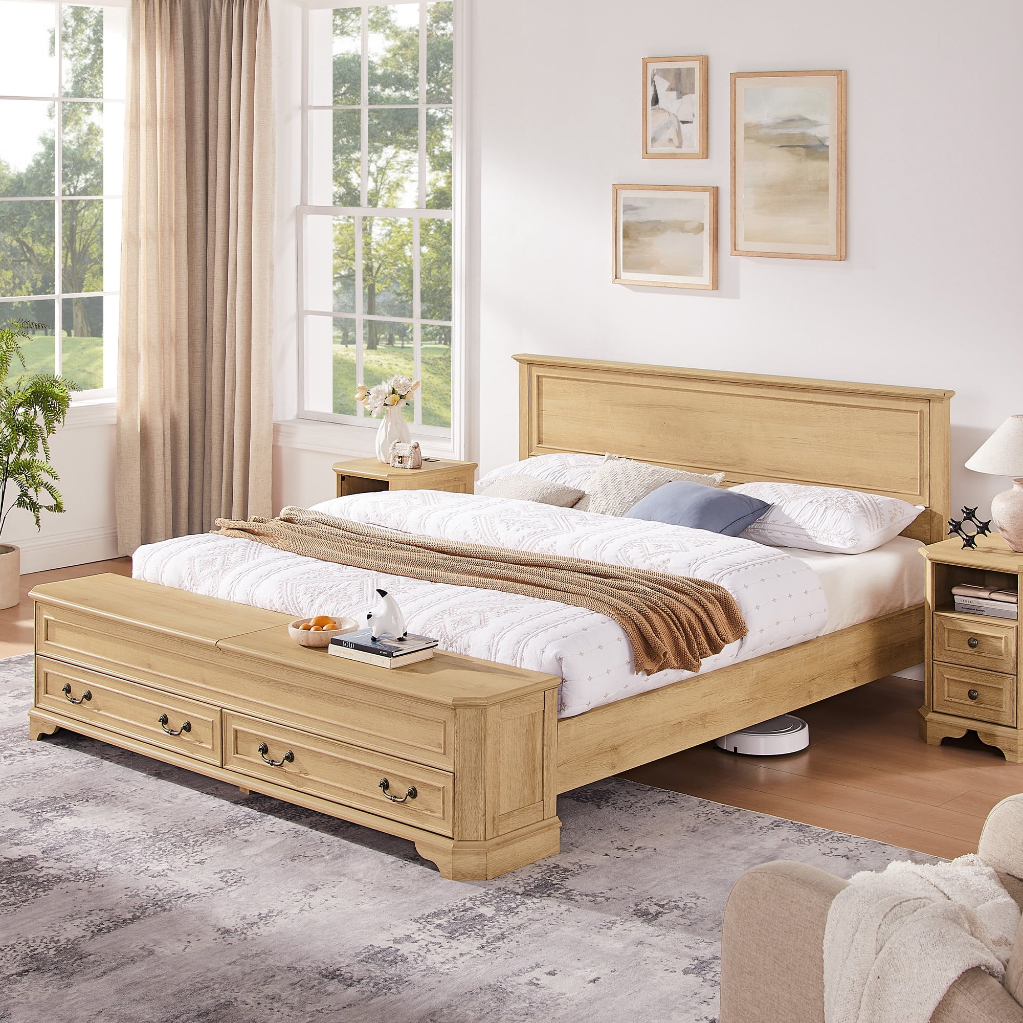 KeyWhat Farmhouse King Size Bed Frame with Storage Bench & Drawers ...