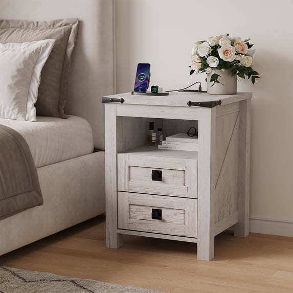 KeyWhat Farmhouse Nightstand with Charging Station for Bedroom, 2-Drawer Rustic End Tables for Living Room, Antique Brush White