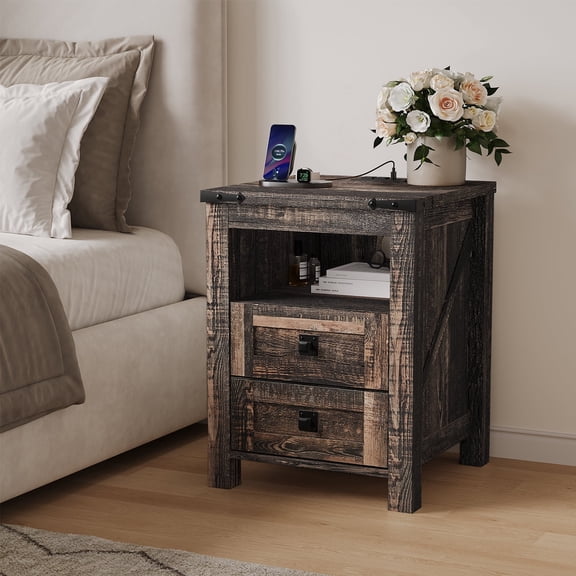 KeyWhat Farmhouse Nightstand with Charging Station for Bedroom, 2-Drawer Rustic End Tables for Living Room, Dark Rustic Oak