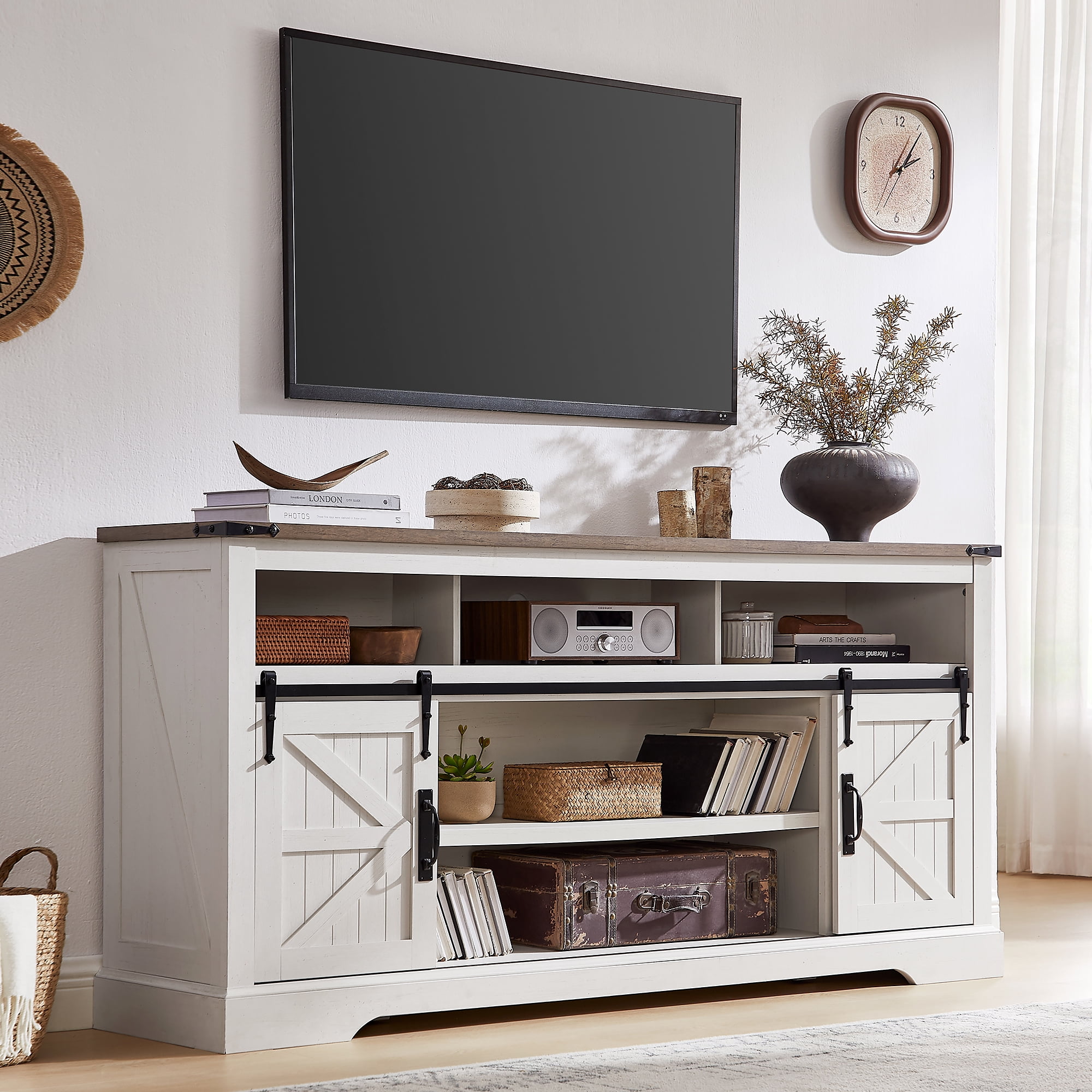 KeyWhat Farmhouse TV Stand for TVs Up to 80", 9 Storage Compartments, Sliding Barn Doors