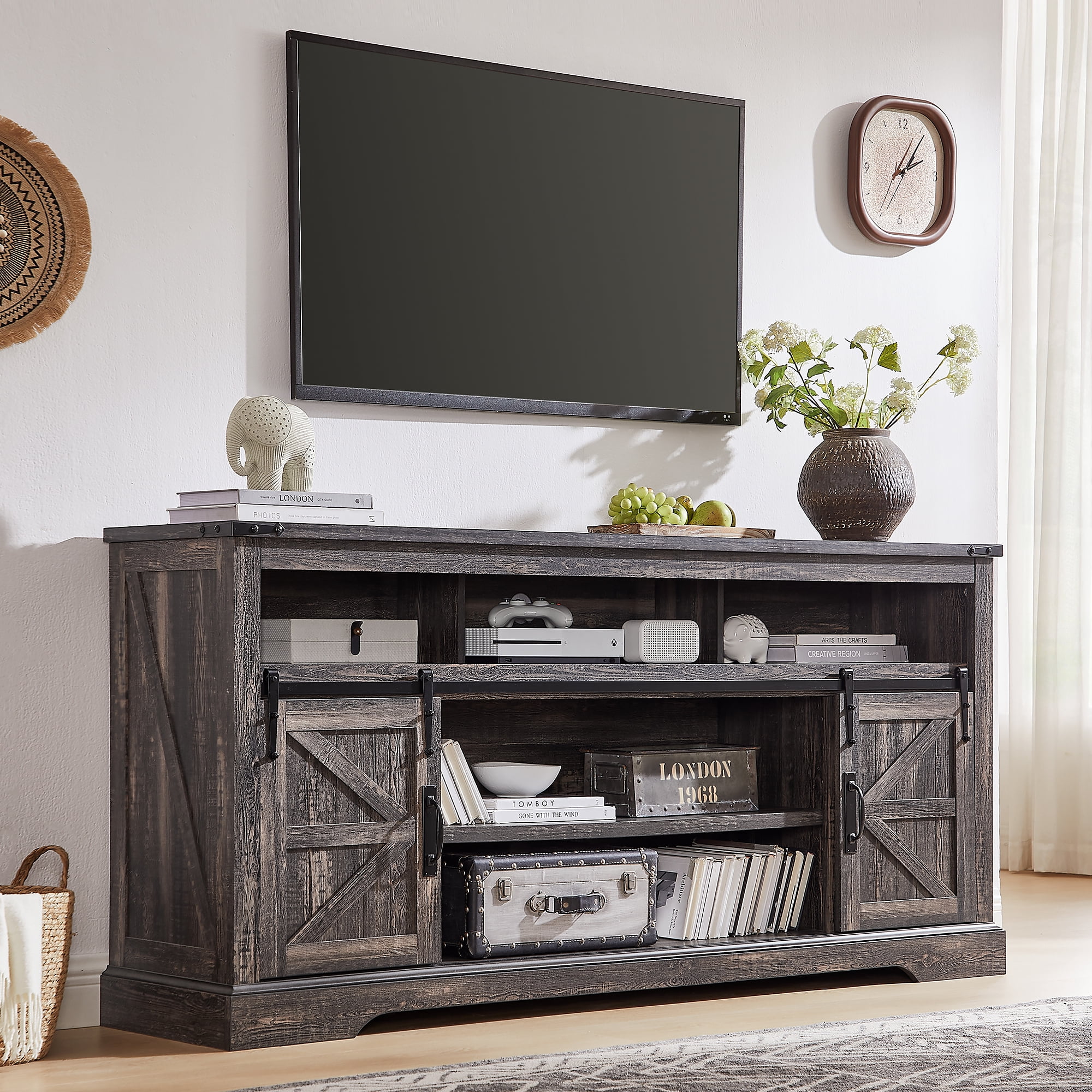 KeyWhat Farmhouse TV Stand for TVs Up to 80", 9 Storage Compartments, Sliding Barn Doors