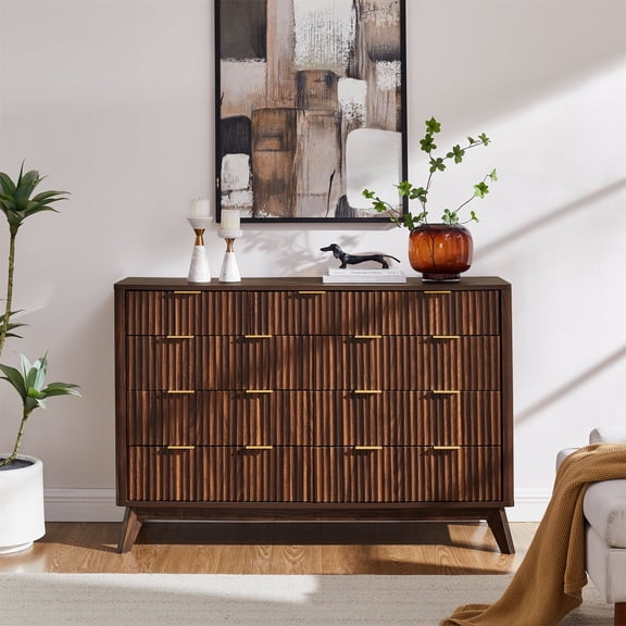 KeyWhat Fluted 9 Drawer Dresser, Modern Wide Chest of Drawers with Faux Marble Top, Wood Storage Organizer for Bedroom, Living Room, Dark Walnut