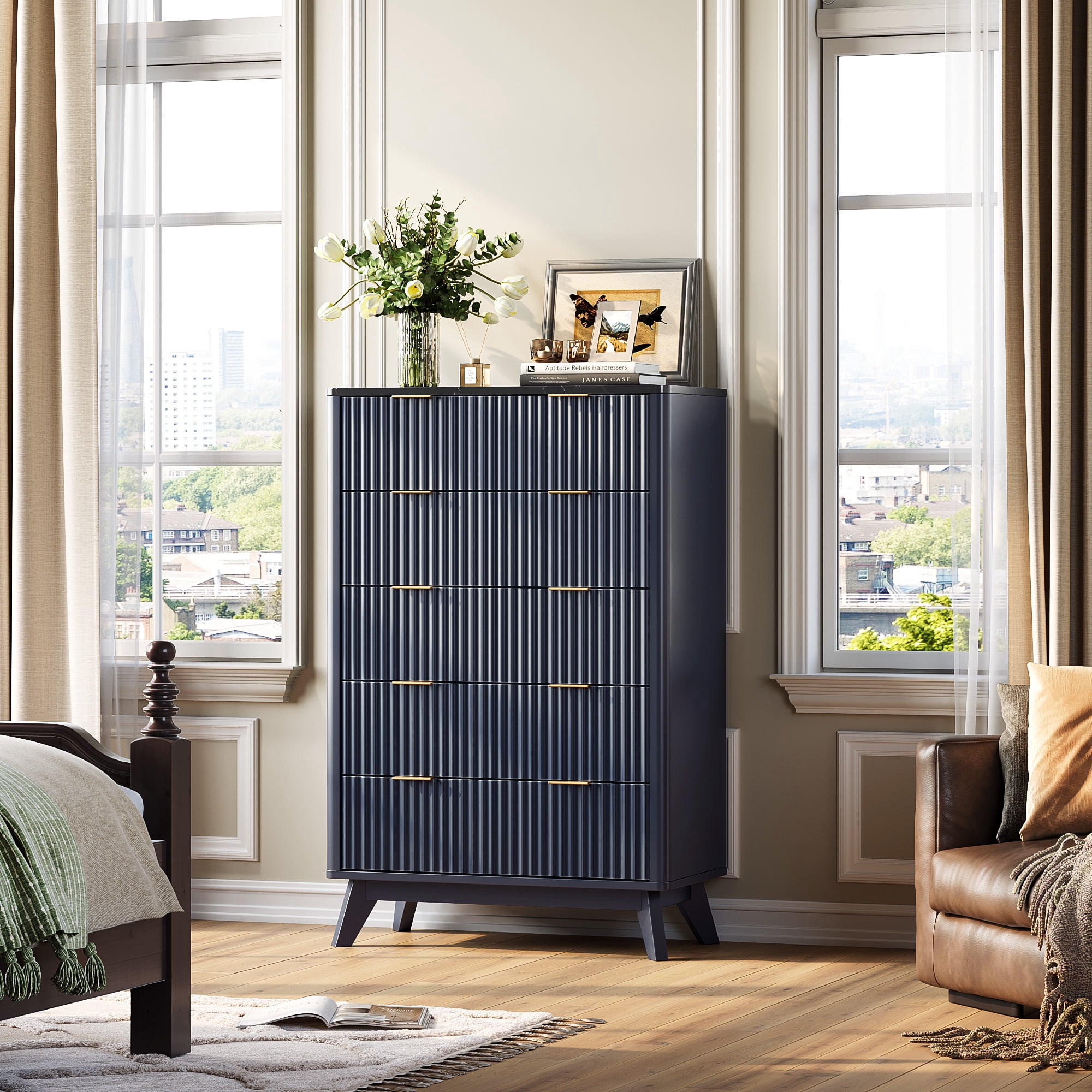 modern fluted dresser KeyWhat Fluted 5 Drawer Tall Dresser, Modern Engineered Wood Chest of  Drawers, Freestanding Storage Cabinet for Bedroom Living Room Hallway, Dark  Grey