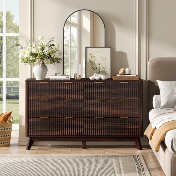 KeyWhat Fluted Dresser for Bedroom, Modern Wooden 6 Drawer Dresser, Storage Cabinet Chest of Drawers for Living Room, Dark Walnut