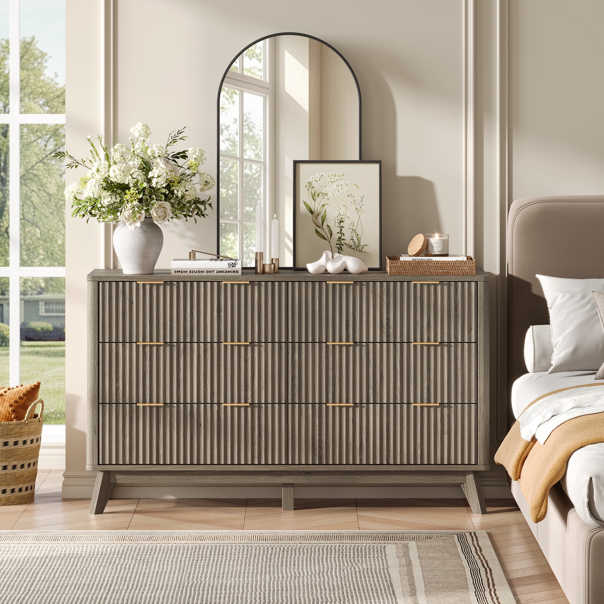 grey fluted dresser KeyWhat for Bedroom, Modern Wooden 6 Drawer Dresser, Storage Cabinet Chest of Drawers for Living Room, Alder Gray dresser