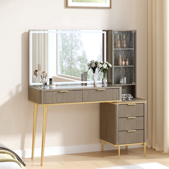 KeyWhat 48" Fluted Makeup Vanity Desk with 36" Big Lighted Mirror, Bedroom Vanity with Lights & Glass Top, Charging Station,Alder Grey
