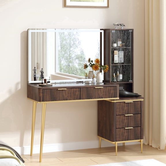 KeyWhat 48" Fluted Makeup Vanity Desk with 36" Big Lighted Mirror, Bedroom Vanity with Lights & Glass Top, Charging Station ,Dark Walnut