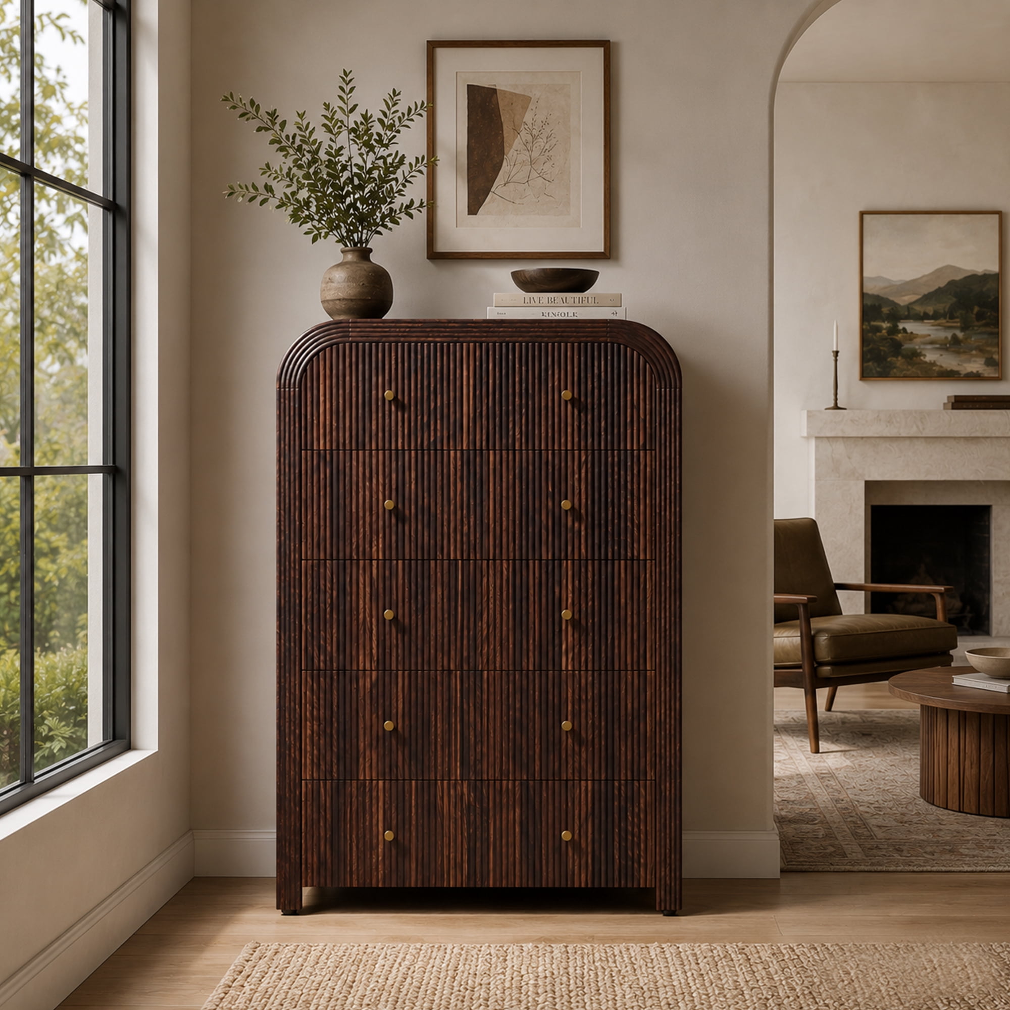 KeyWhat Modern 5-Drawer Dresser, 48" Fluted Tall Chest of Drawers with Curved Profile and Metal Handles, Wood Storage Cabinet for Bedroom, Living Room and Hallway, Dark Walnut