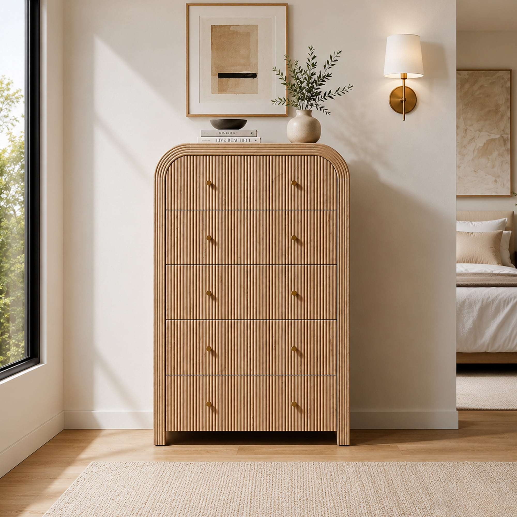 KeyWhat Modern 5-Drawer Dresser, 48" Fluted Tall Chest of Drawers with Curved Profile and Metal Handles, Wood Storage Cabinet for Bedroom, Living Room and Hallway, Natural Oak