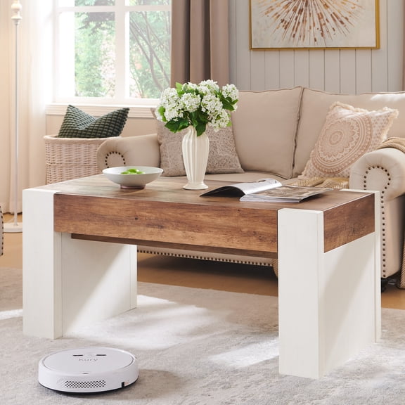 KeyWhat Modern Coffee Table and Sofa Table, 48" Low Console Table with 2 Invisible Drawers, Thick Wood Design for Living Room, Entryway, or In Front of Sofa, Distressed Antique White
