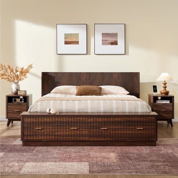 KeyWhat Modern Fluted King Size Bed Frame with Headboard & Storage Footboard, Built-in Drawers & Lift-Up Gas Struts, Solid Wood Slats, No Box Spring Needed, Dark Walnut