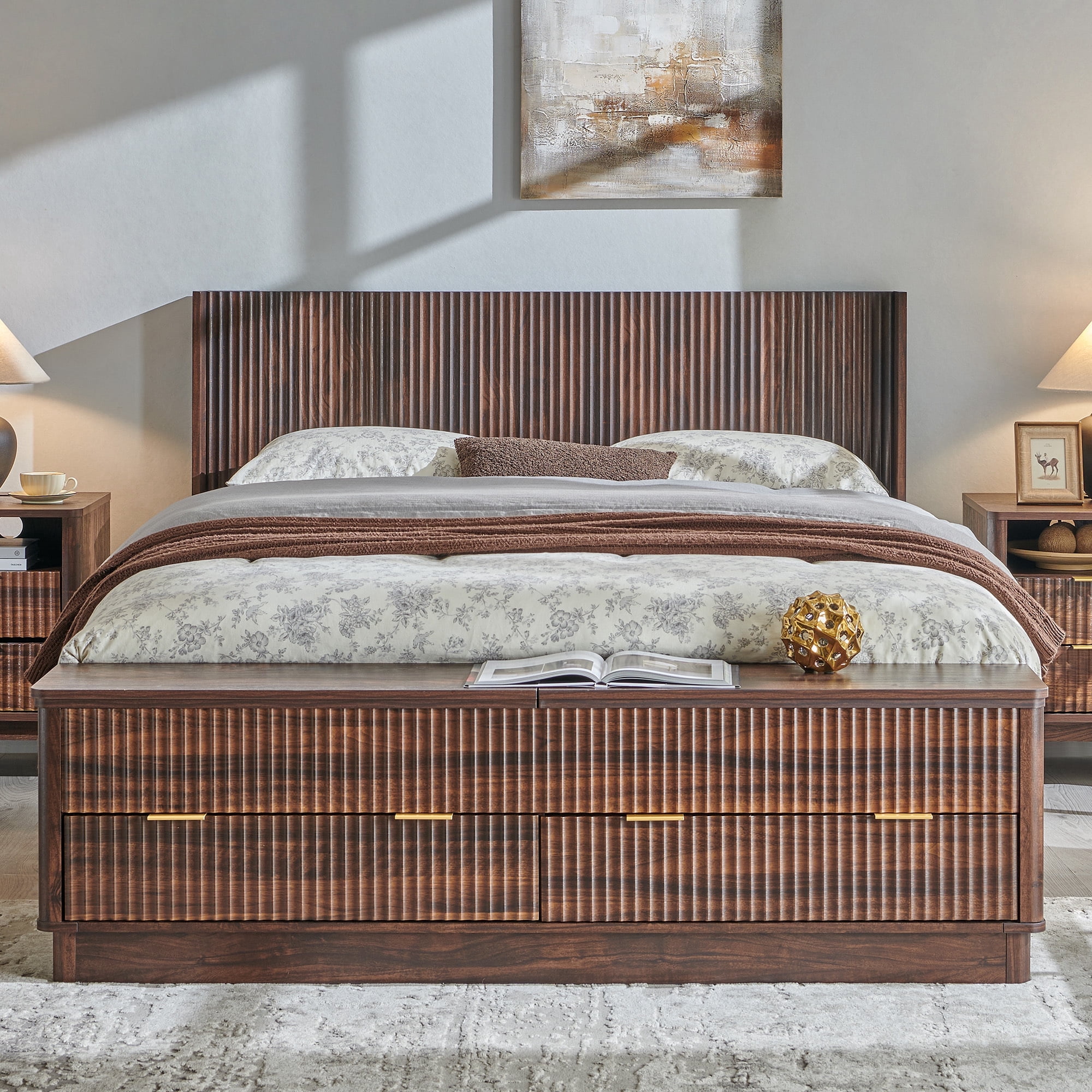 KeyWhat Modern Fluted Queen Size Bed Frame with Headboard & Storage