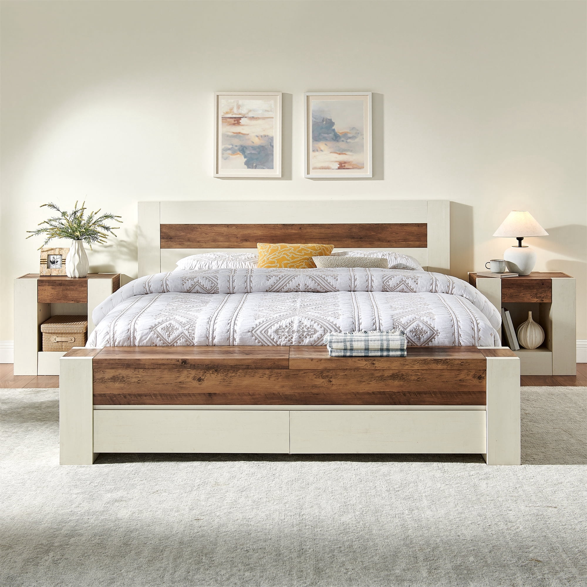 KeyWhat Modern King Size Storage Bed Frame with Panel Headboard, Footboard Storage Bench, Built-In Drawers, Lift-Up Compartments, No Box Spring Needed, Antique White