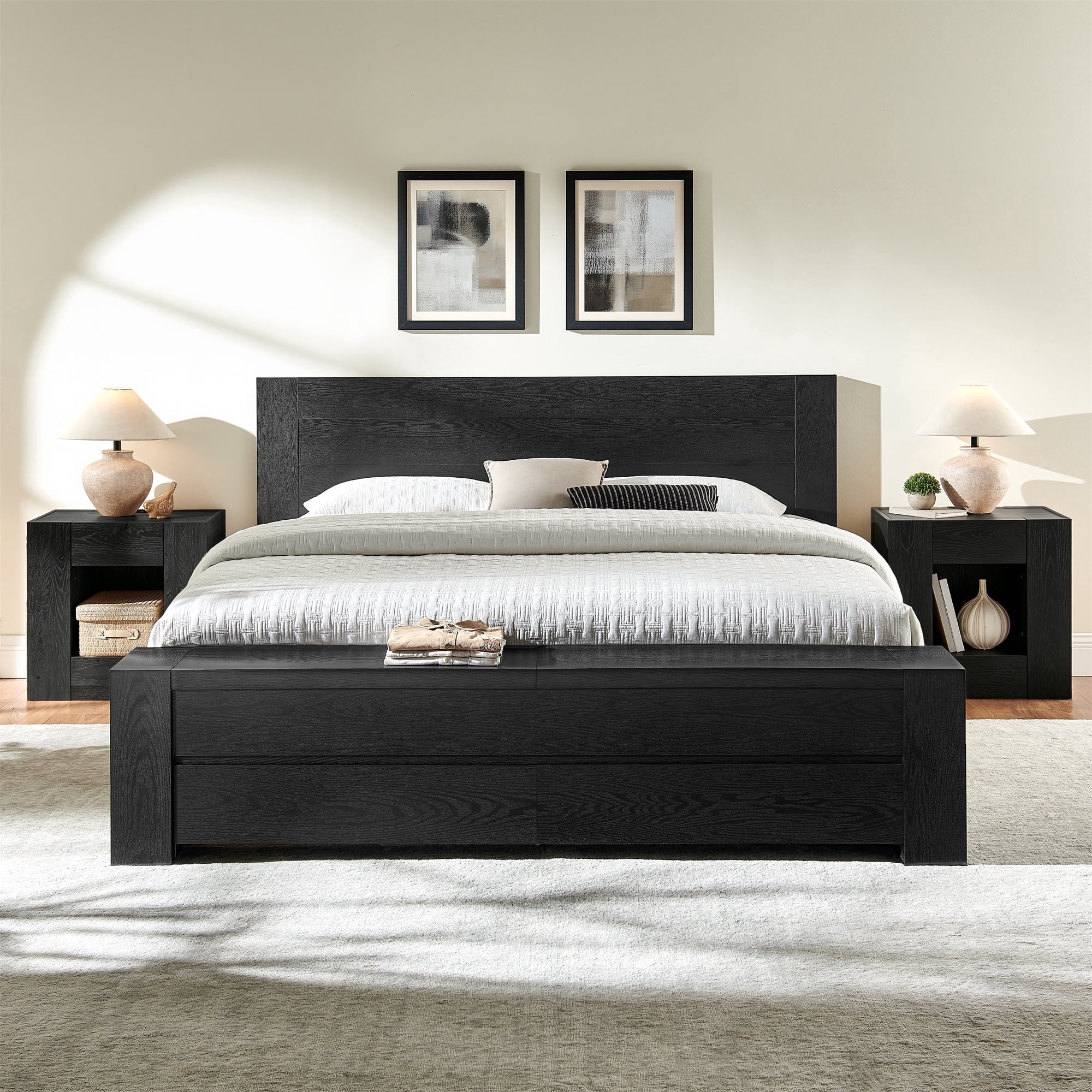 KeyWhat Modern King Size Storage Bed Frame with Panel Headboard, Footboard Storage Bench, Built-In Drawers, Lift-Up Compartments, No Box Spring Needed, Black Oak