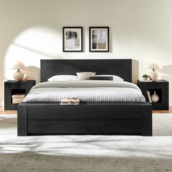 KeyWhat Modern King Size Storage Bed Frame with Panel Headboard, Footboard Storage Bench, Built-In Drawers, Lift-Up Compartments, No Box Spring Needed, Black Oak