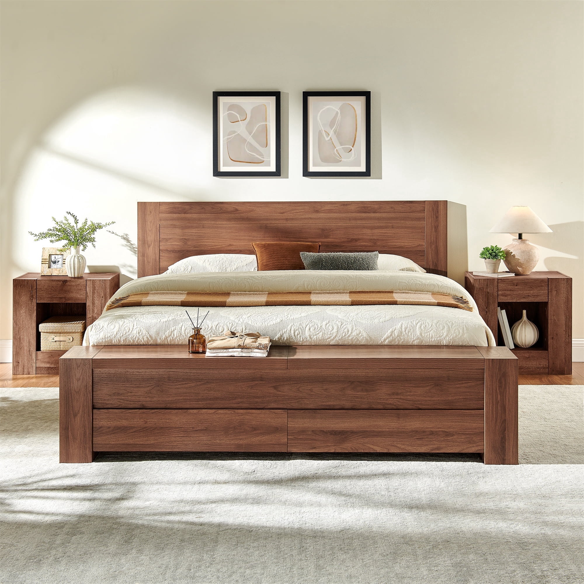 KeyWhat Modern King Size Storage Bed Frame with Panel Headboard, Footboard Storage Bench, Built-In Drawers, Lift-Up Compartments, No Box Spring Needed, Light Walnut