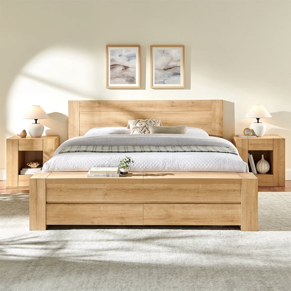 KeyWhat Modern King Size Storage Bed Frame with Panel Headboard, Footboard Storage Bench, Built-In Drawers, Lift-Up Compartments, No Box Spring Needed, Natural Oak