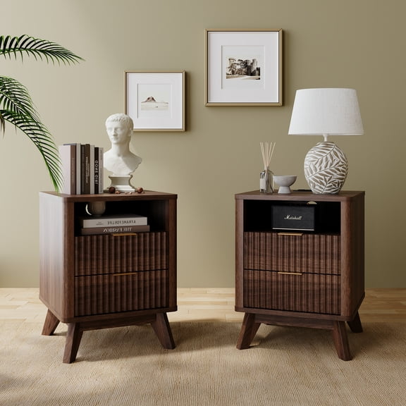 KeyWhat Modern Nightstand Set with Charging Station (Set of 2),Mid-Century Style Wooden Side Table , Versatile Small Table for Living Room with Fluted Panel,Dark Walnut