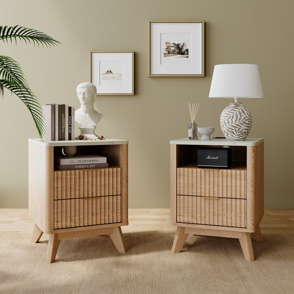 KeyWhat Modern Nightstand Set with Charging Station (Set of 2),Mid-Century Style Wooden Side Table , Versatile Small Table for Living Room with Fluted Panel,Natural Oak