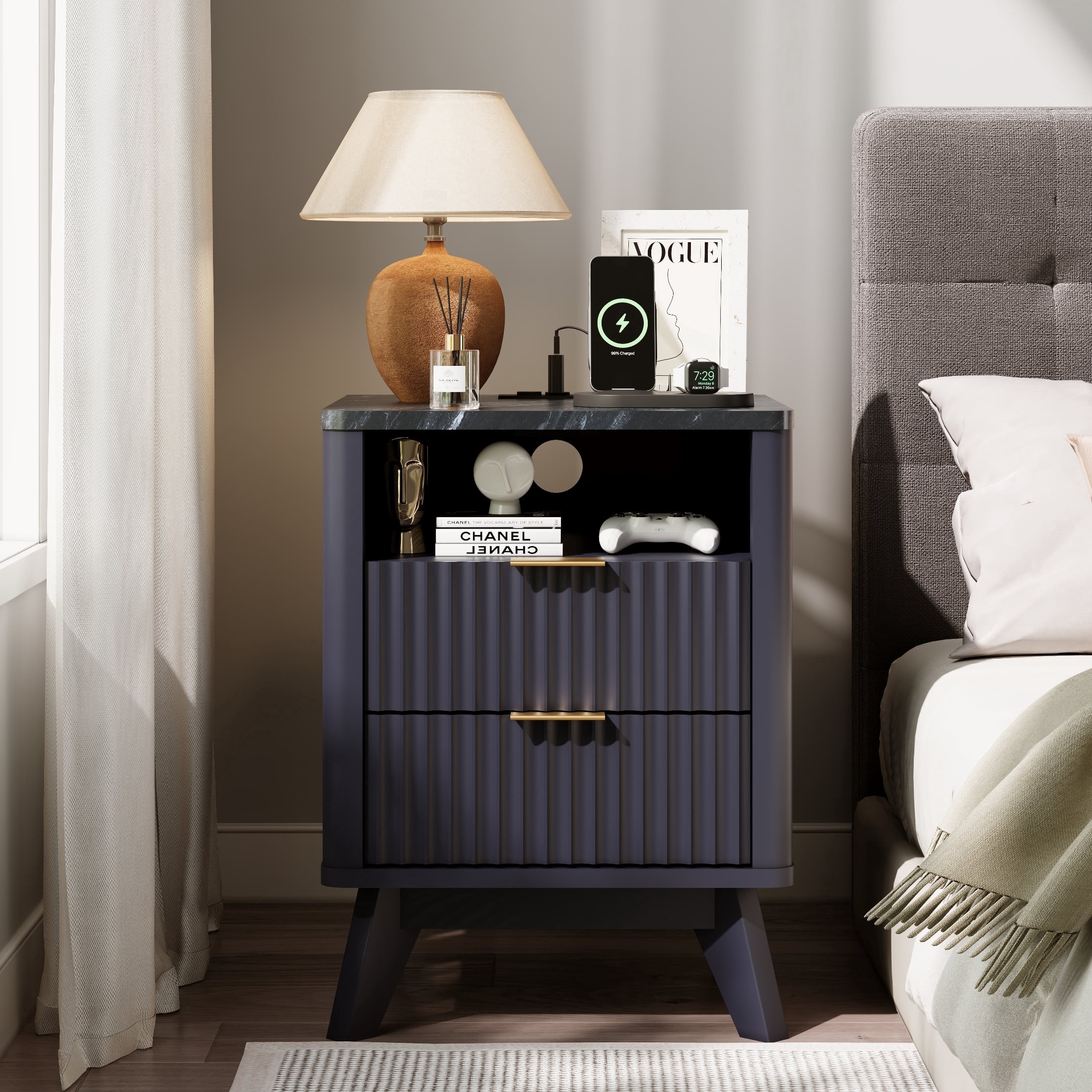 KeyWhat Modern Nightstand with Charging Station, Mid-Century Wood End Table Side Table for Living Room, Fluted Panel, Dark Grey