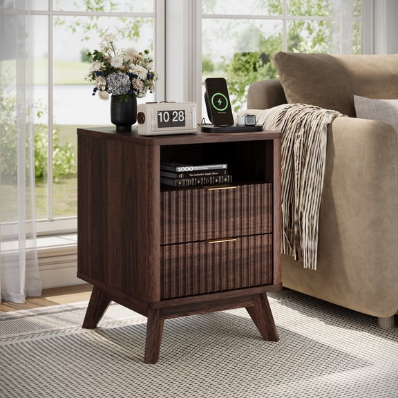 KeyWhat Modern Nightstand with Charging Station, Mid-Century Wood End Table Side Table for Living Room, Fluted Panel, Dark Walnut