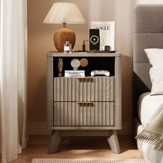 KeyWhat Modern Nightstand with Charging Station, Mid-Century Wood End Table Side Table for Living Room, Fluted Panel, Grey Alder