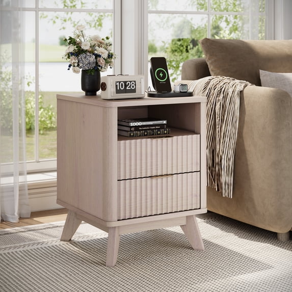 KeyWhat Modern Nightstand with Charging Station, Mid-Century Wood End Table Side Table for Living Room, Fluted Panel, White Alder