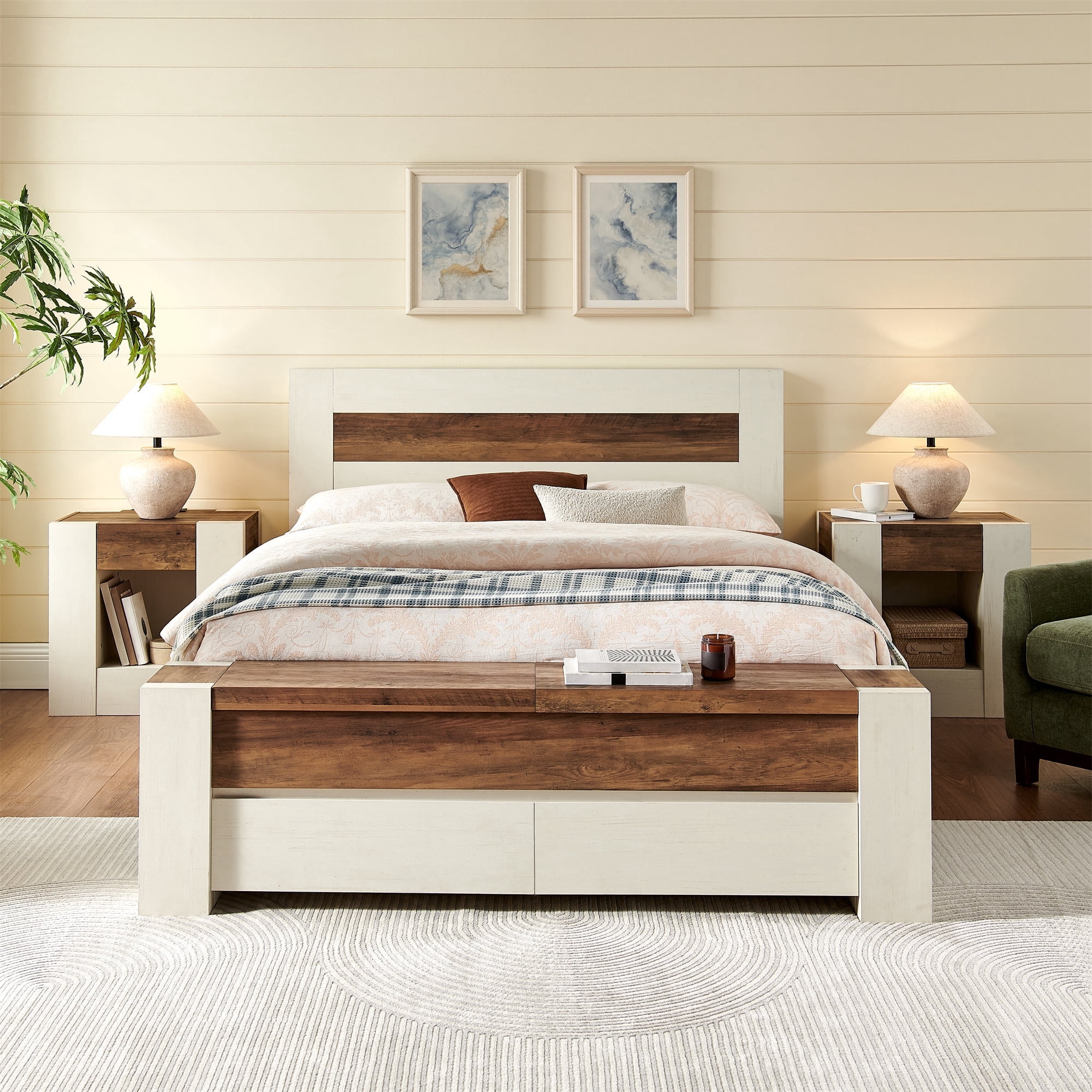 KeyWhat Modern Queen Size Storage Bed Frame with Panel Headboard, Footboard Storage Bench, Built-In Drawers, Lift-Up Compartments, No Box Spring Needed, Antique White
