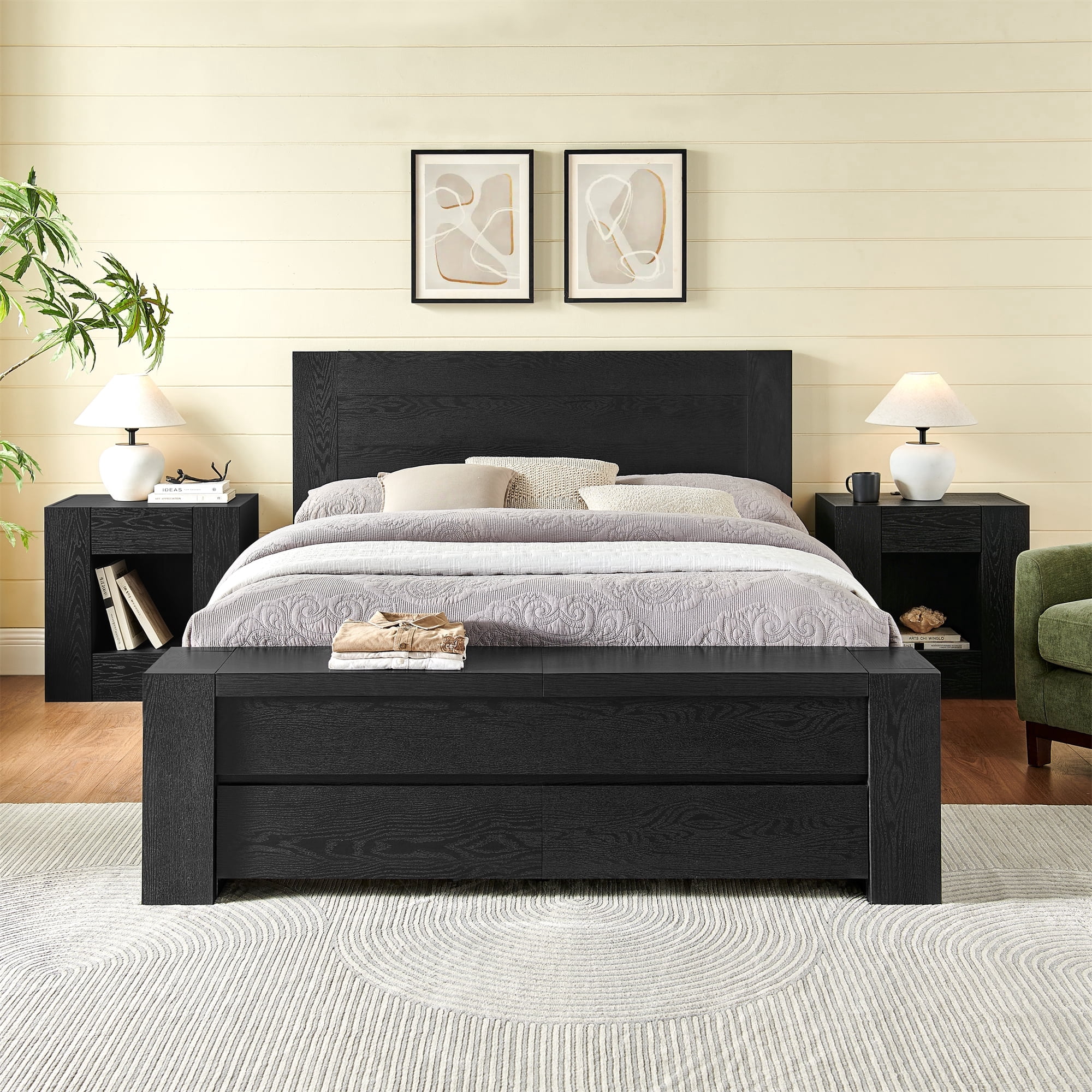KeyWhat Modern Queen Size Storage Bed Frame with Panel Headboard, Footboard Storage Bench, Built-In Drawers, Lift-Up Compartments, No Box Spring Needed, Black Oak