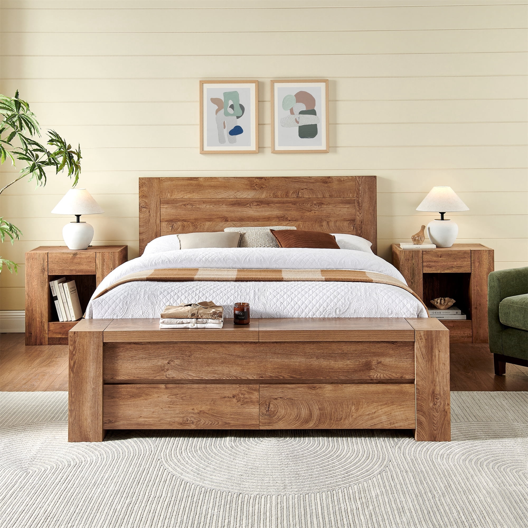 KeyWhat Modern Queen Size Storage Bed Frame with Panel Headboard, Footboard Storage Bench, Built-In Drawers, Lift-Up Compartments, No Box Spring Needed, Light Tree Knot