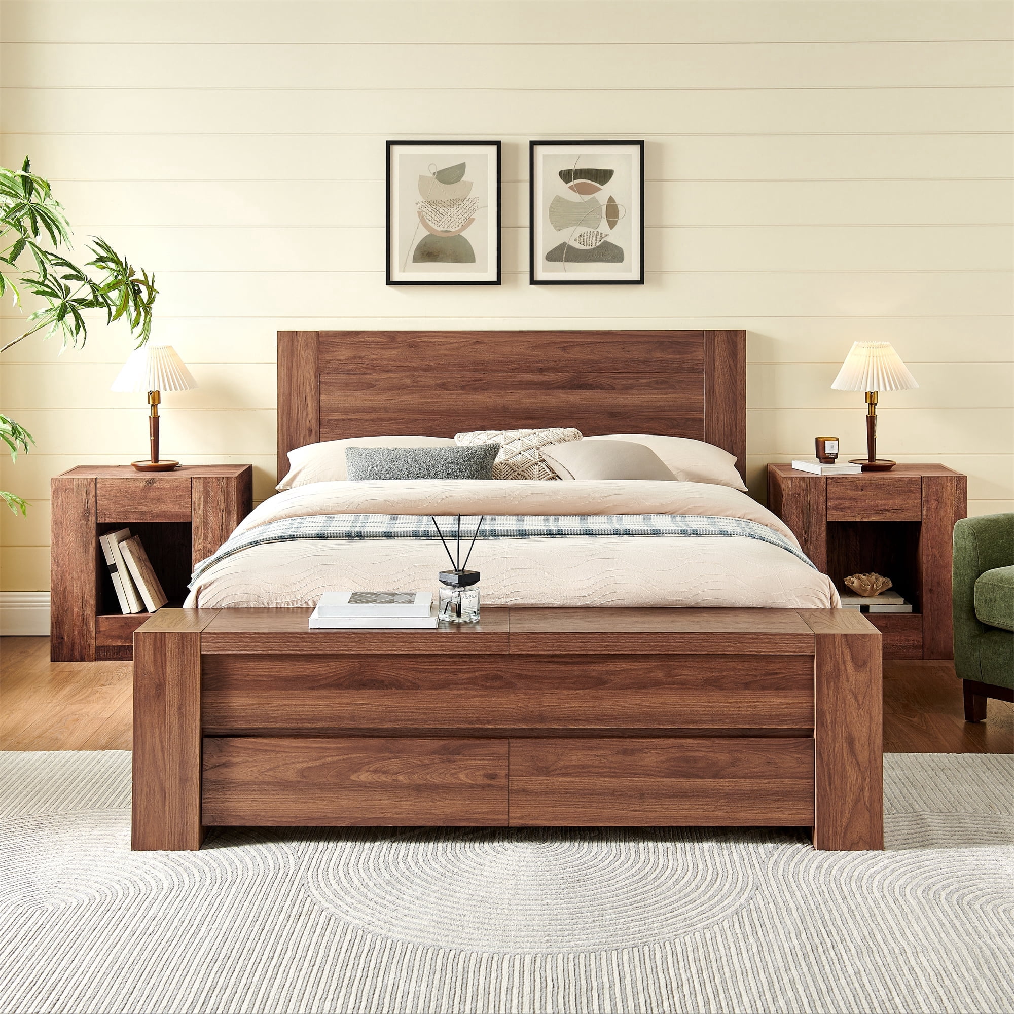 KeyWhat Modern Queen Size Storage Bed Frame with Panel Headboard, Footboard Storage Bench, Built-In Drawers, Lift-Up Compartments, No Box Spring Needed, Light Walnut