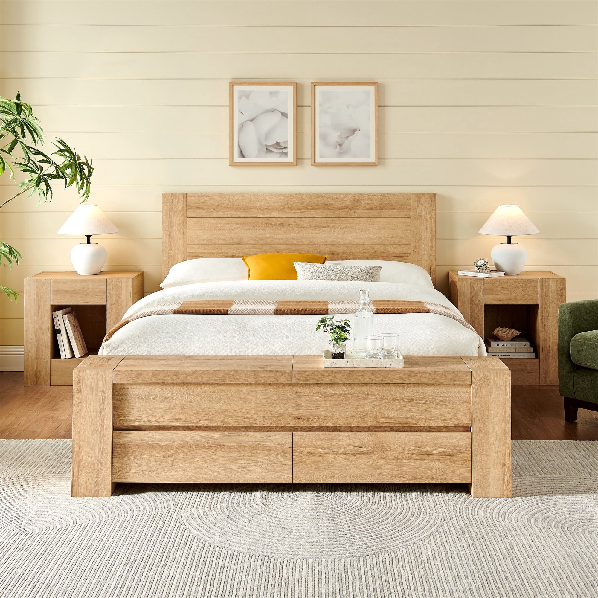 KeyWhat Modern Queen Size Storage Bed Frame with Panel Headboard, Footboard Storage Bench, Built-In Drawers, Lift-Up Compartments, No Box Spring Needed, Natural Oak