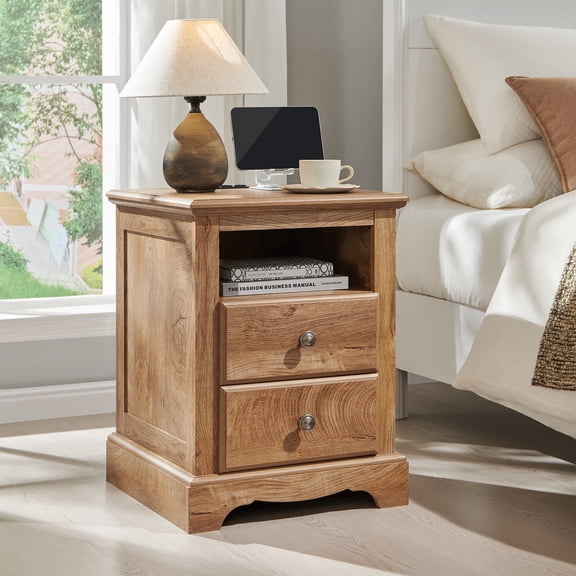 KeyWhat Nightstand with Charging Station, Rustic Wooden Bedside Table with 2 Drawers & Open Storage Shelf, End Table for Bedroom, Living Room, Light Tree Knot