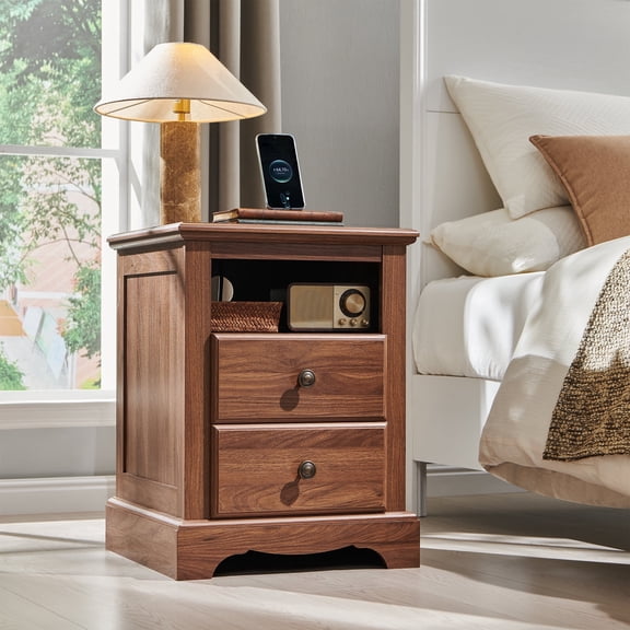 KeyWhat Nightstand with Charging Station, Rustic Wooden Bedside Table with 2 Drawers & Open Storage Shelf, End Table for Bedroom, Living Room, Light Walnut