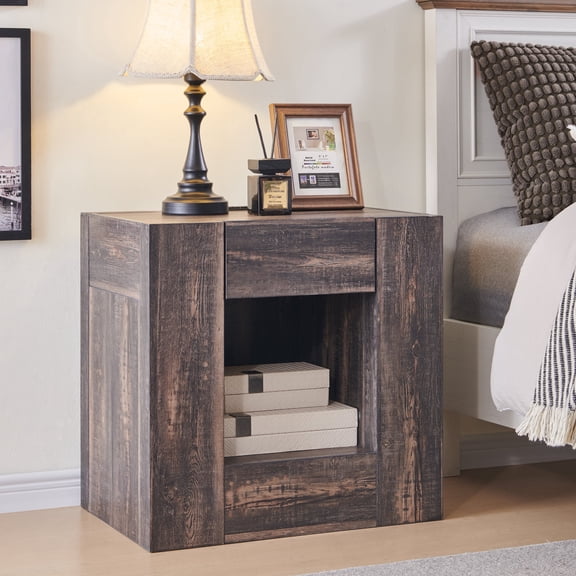 KeyWhat Nightstand with Charging Station, Modern Bedside Table with Push-Open Drawer, Open Shelf Wood End Table, Dark Rustic Oak