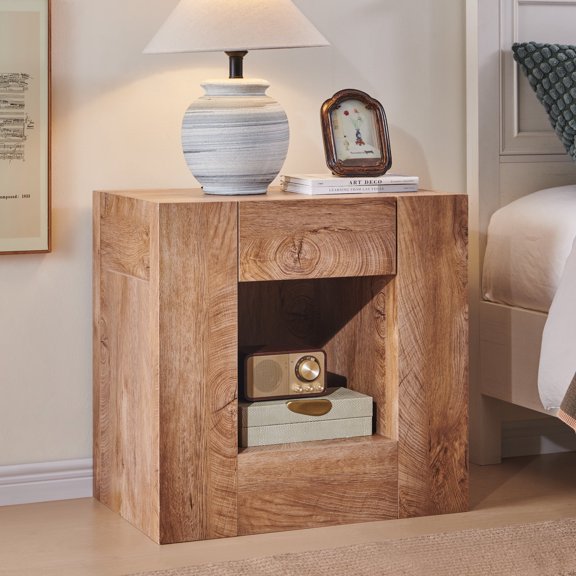 KeyWhat Nightstand with Charging Station, Modern Bedside Table with Push-Open Drawer, Open Shelf Wood End Table, Light Tree Knot