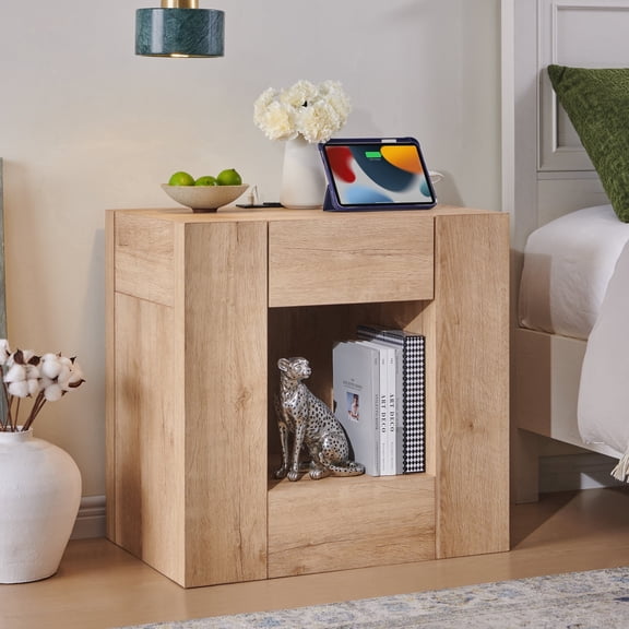 KeyWhat Nightstand with Charging Station, Modern Bedside Table with Push-Open Drawer, Open Shelf Wood End Table, Natural Oak